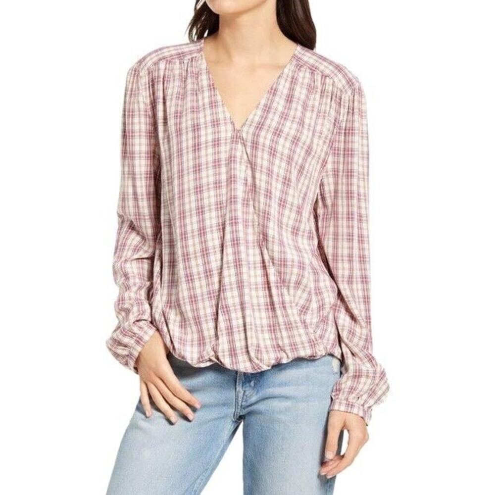 Treasure & Bond Womens Blouse Small Red Plaid Long Sleeve Surplice Pleated NWT